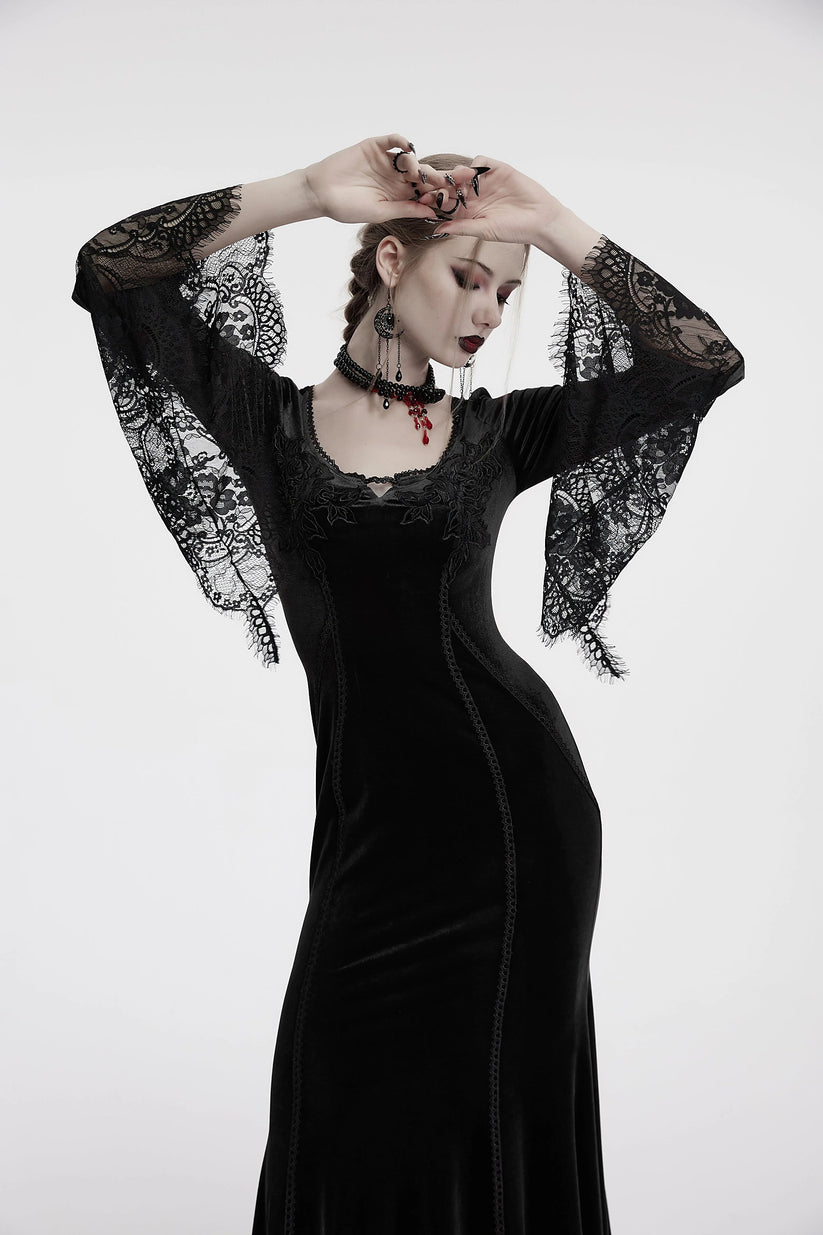 Punk Rave Dress Isolde Velvet Lace Sleeve Black UK 8-16 - Sleeve Detail - QHA UK