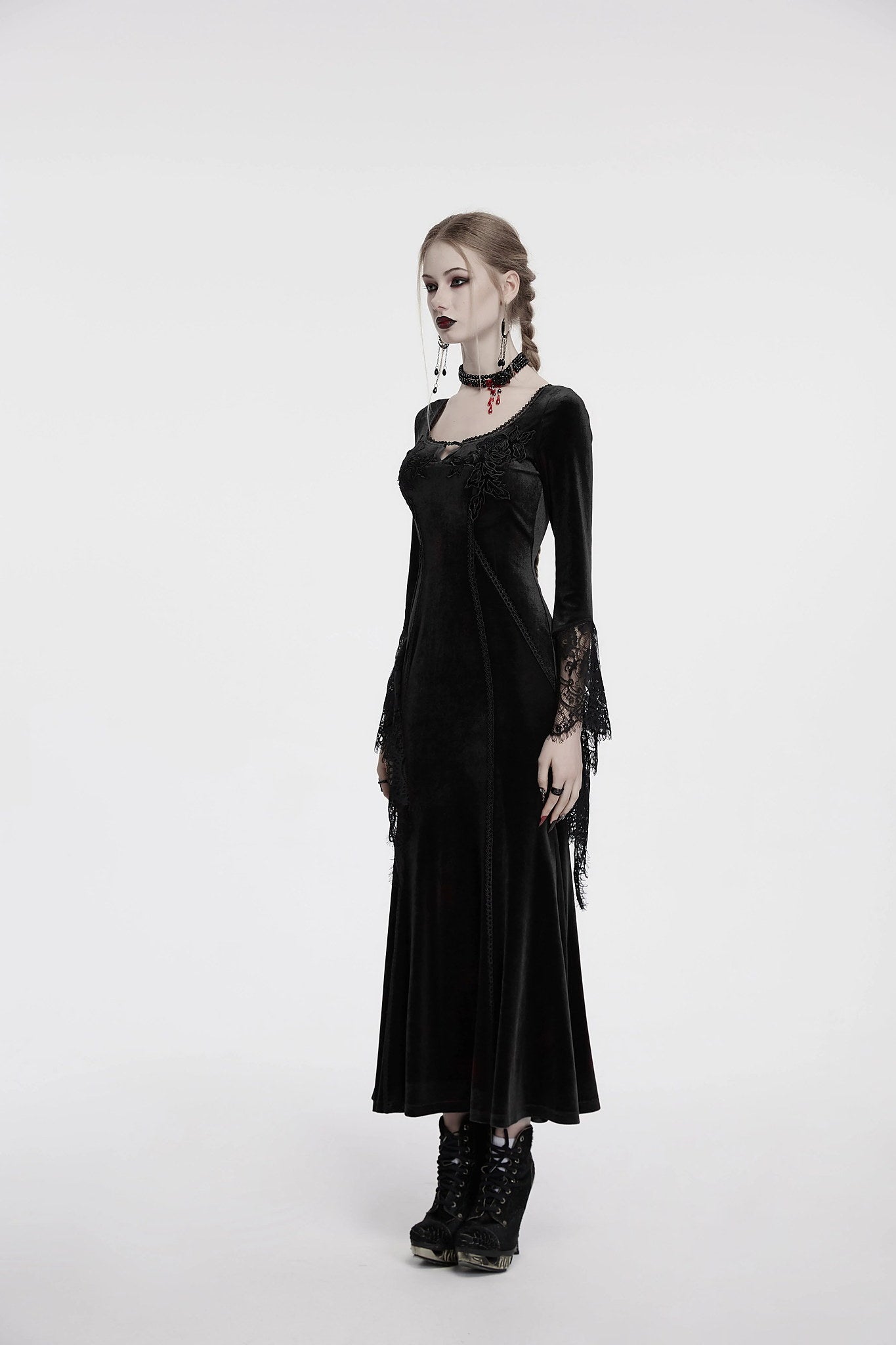 Punk Rave Dress Isolde Velvet Lace Sleeve Black UK 8-16 - Sleeve Detail - QHA UK