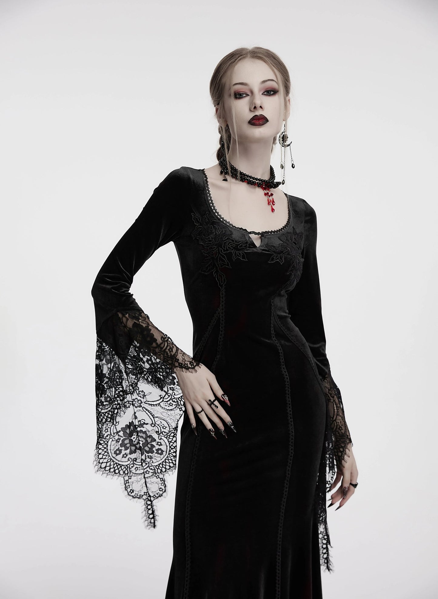 Punk Rave Dress Isolde Velvet Lace Sleeve Black UK 8-16 - Sleeve Detail - QHA UK