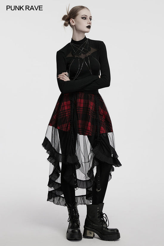 Punk Rave Skirt Morrigan Mesh Plaid High-Low UK 8-16 - QHA UK