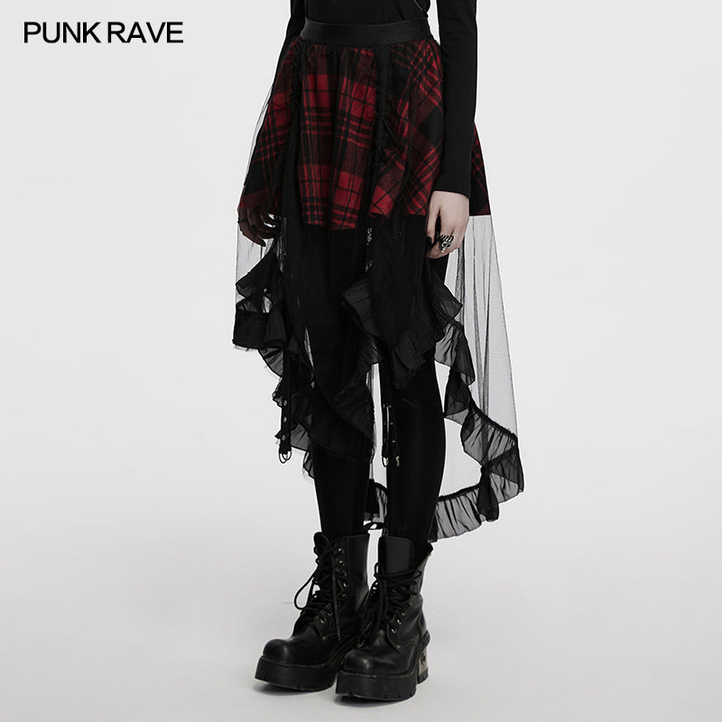 Punk Rave Skirt Morrigan Mesh Plaid High-Low UK 8-16 - QHA UK