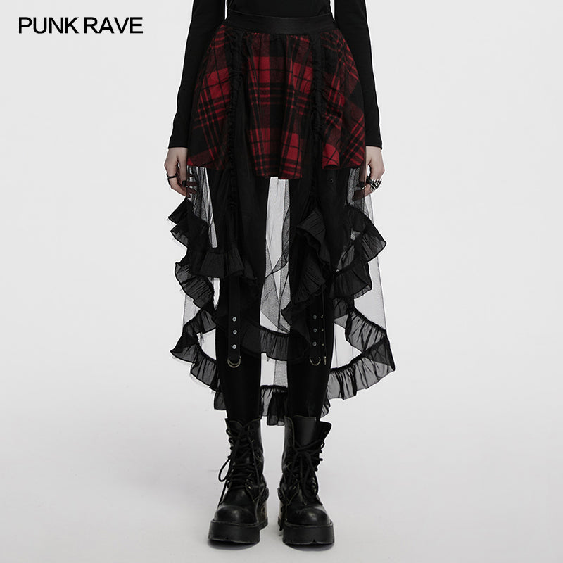 Punk Rave Skirt Morrigan Mesh Plaid High-Low UK 8-16 - QHA UK