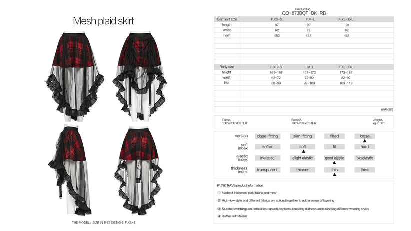 Punk Rave Skirt Morrigan Mesh Plaid High-Low UK 8-16 - QHA UK