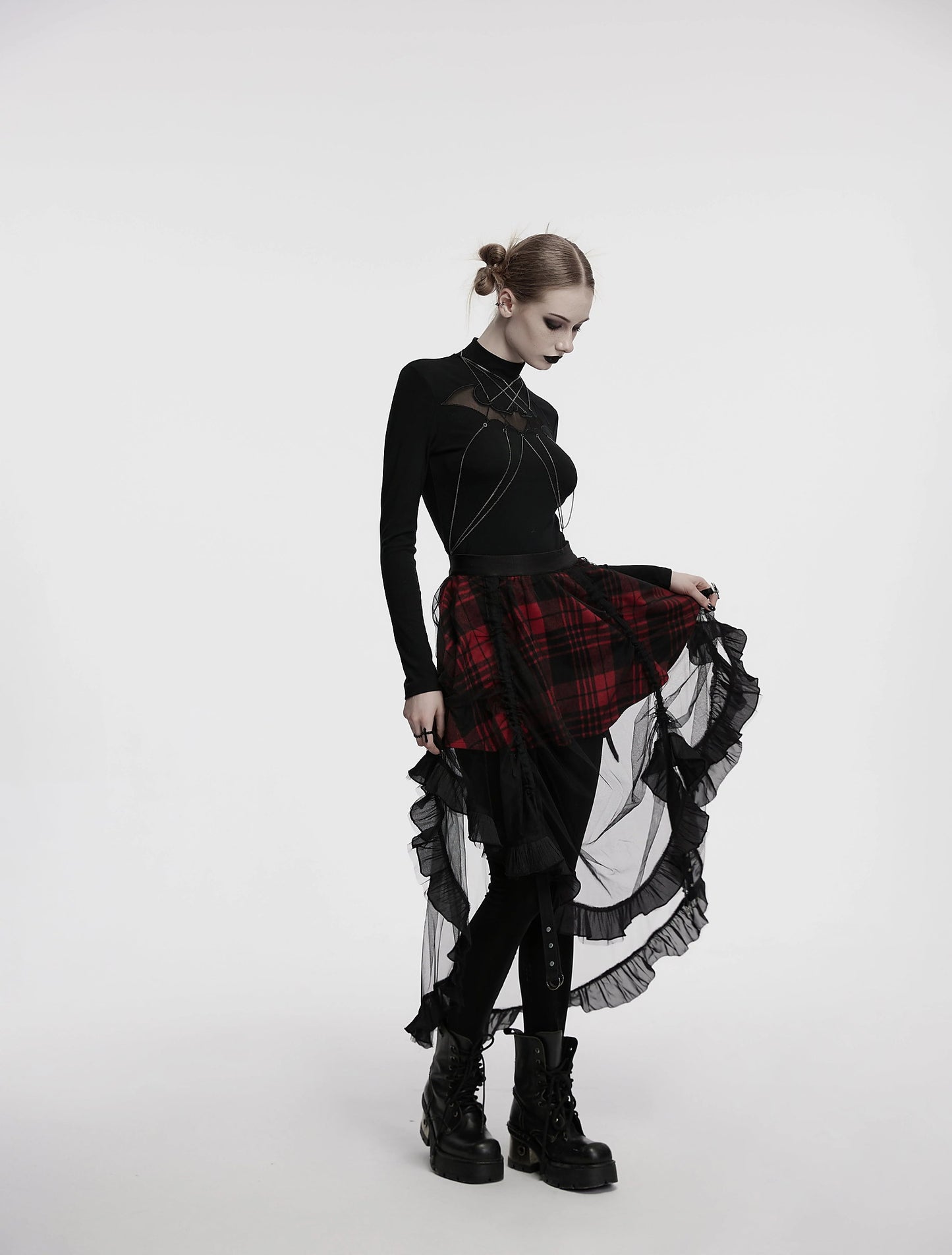 Punk Rave Skirt Morrigan Mesh Plaid High-Low UK 8-16 - QHA UK