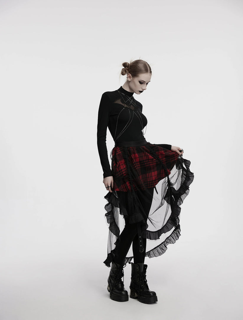 Punk Rave Skirt Morrigan Mesh Plaid High-Low UK 8-16 - QHA UK