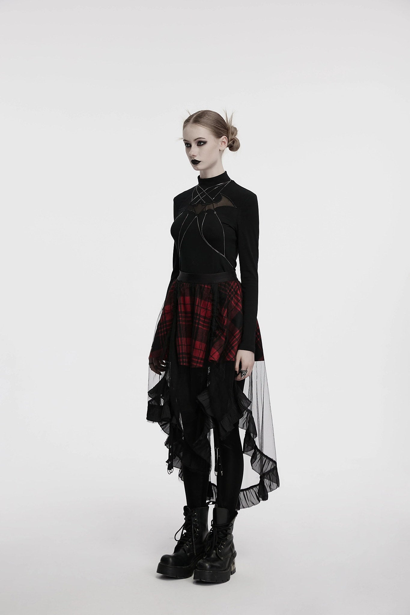 Punk Rave Skirt Morrigan Mesh Plaid High-Low UK 8-16 - QHA UK
