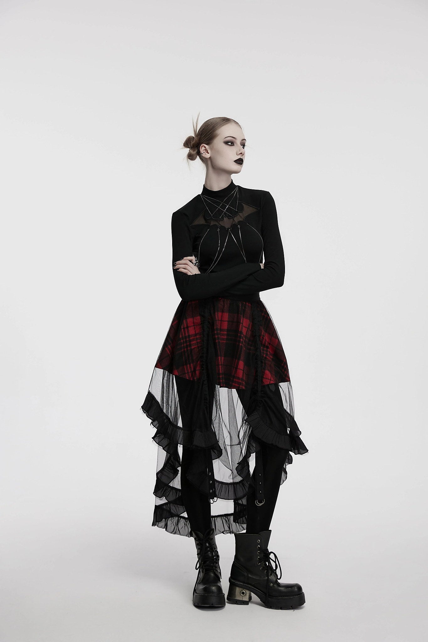 Punk Rave Skirt Morrigan Mesh Plaid High-Low UK 8-16 - QHA UK