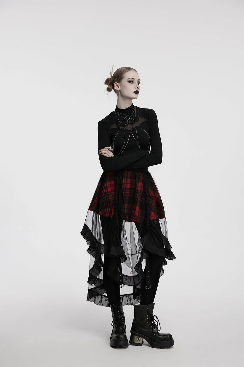 Punk Rave Skirt Morrigan Mesh Plaid High-Low UK 8-16 - QHA UK