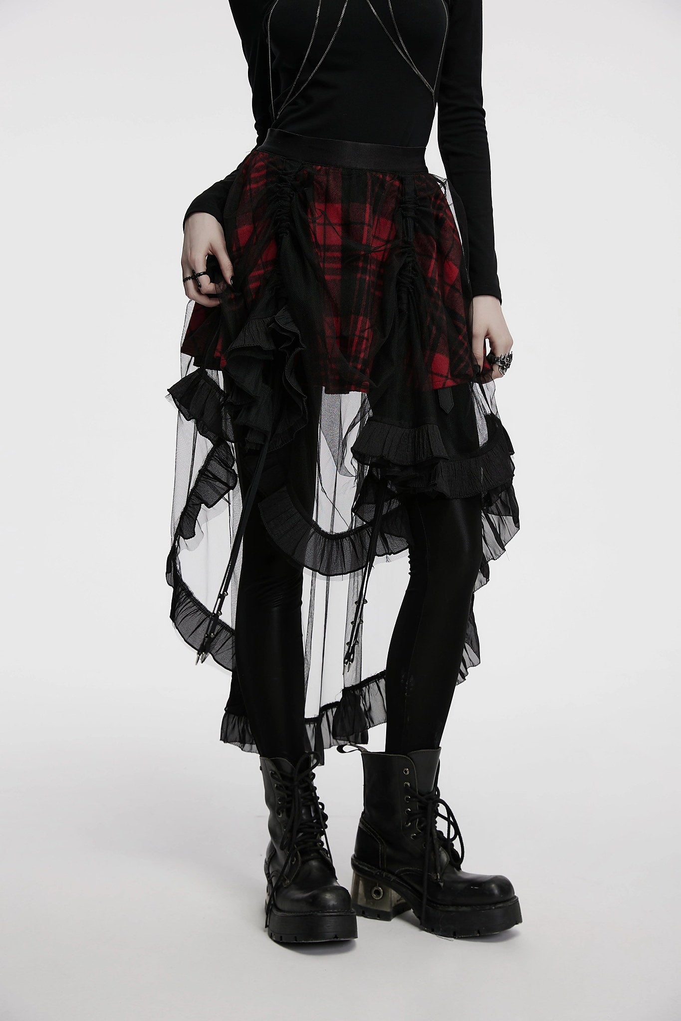 Punk Rave Skirt Morrigan Mesh Plaid High-Low UK 8-16 - QHA UK