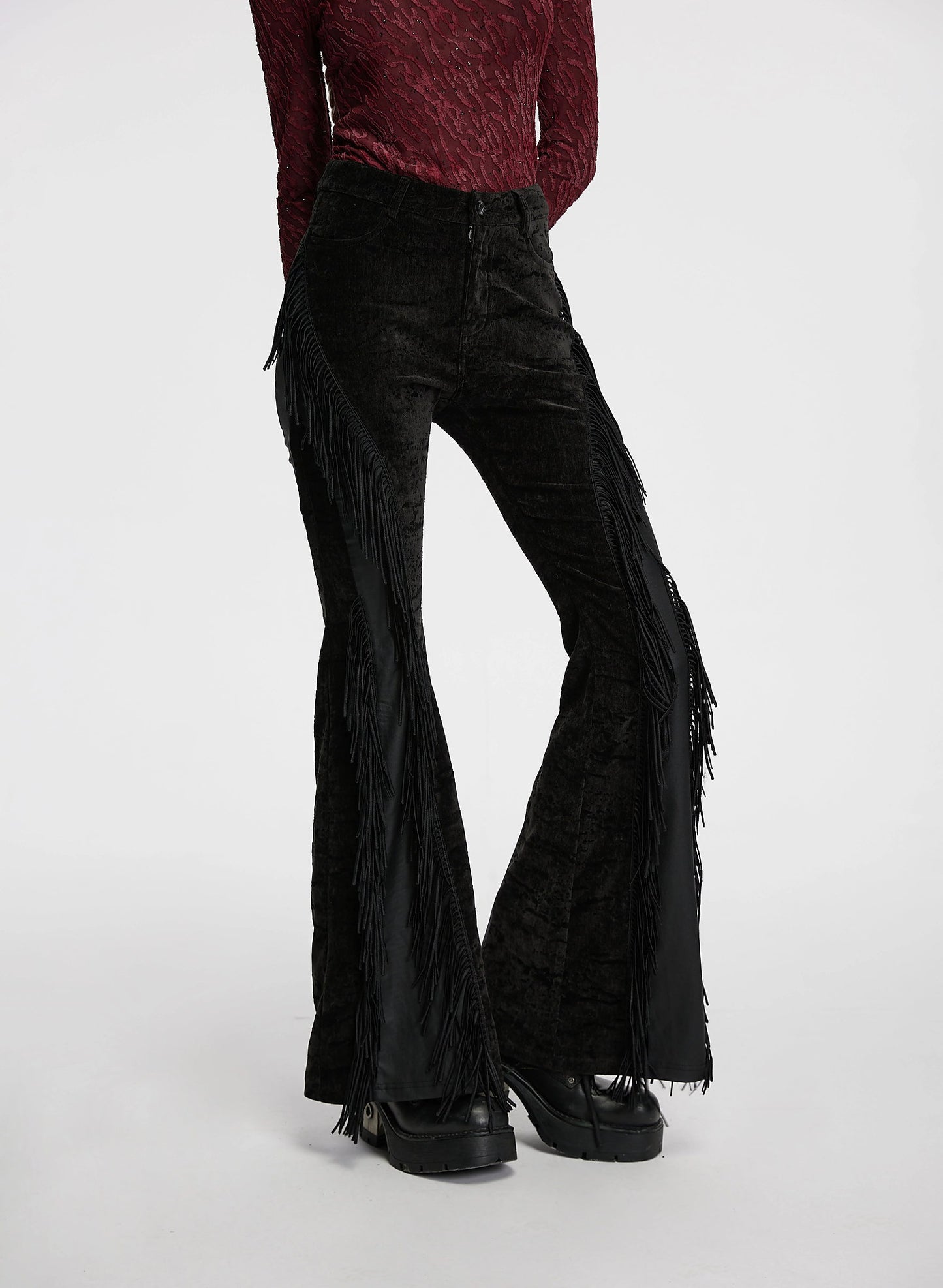 Punk Rave Women's Gothic Trousers Morrigan Wasteland Tassel Flare - QHA UK