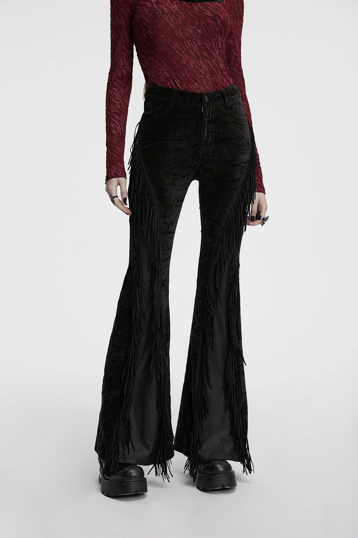 Punk Rave Women's Gothic Trousers Morrigan Wasteland Tassel Flare - QHA UK