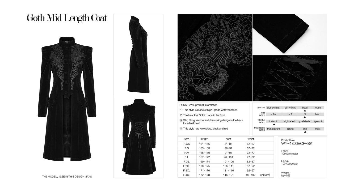Punk Rave Gothic Coat Nerezza Mid-Length Embroidered Velvet UK 8-24 - QHA UK