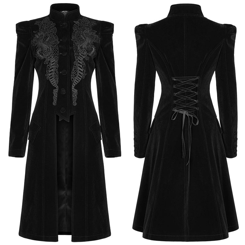 Punk Rave Gothic Coat Nerezza Mid-Length Embroidered Velvet UK 8-24 - QHA UK