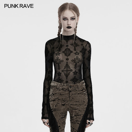 Punk Rave Women's Mesh Top Ravena Cross Flocking UK 8-16 - QHA UK