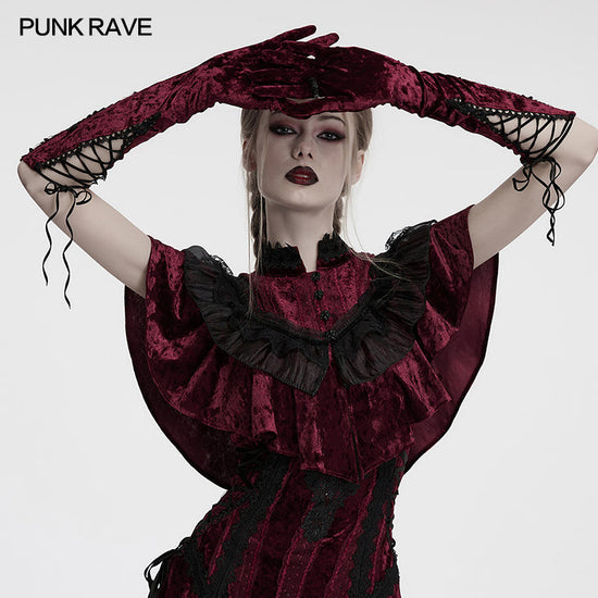 Punk Rave Gloves Selene Embroidered Velvet in Crimson UK 8-16 - QHA UK