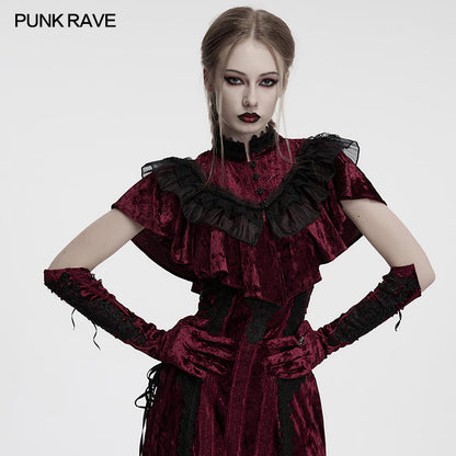 Punk Rave Gloves Selene Embroidered Velvet in Crimson UK 8-16 - QHA UK