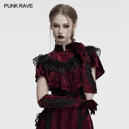 Punk Rave Gloves Selene Embroidered Velvet in Crimson UK 8-16 - QHA UK