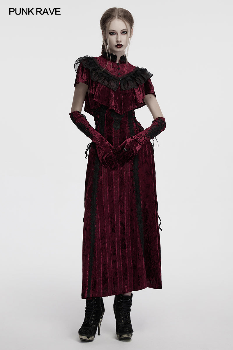 Punk Rave Gloves Selene Embroidered Velvet in Crimson UK 8-16 - QHA UK