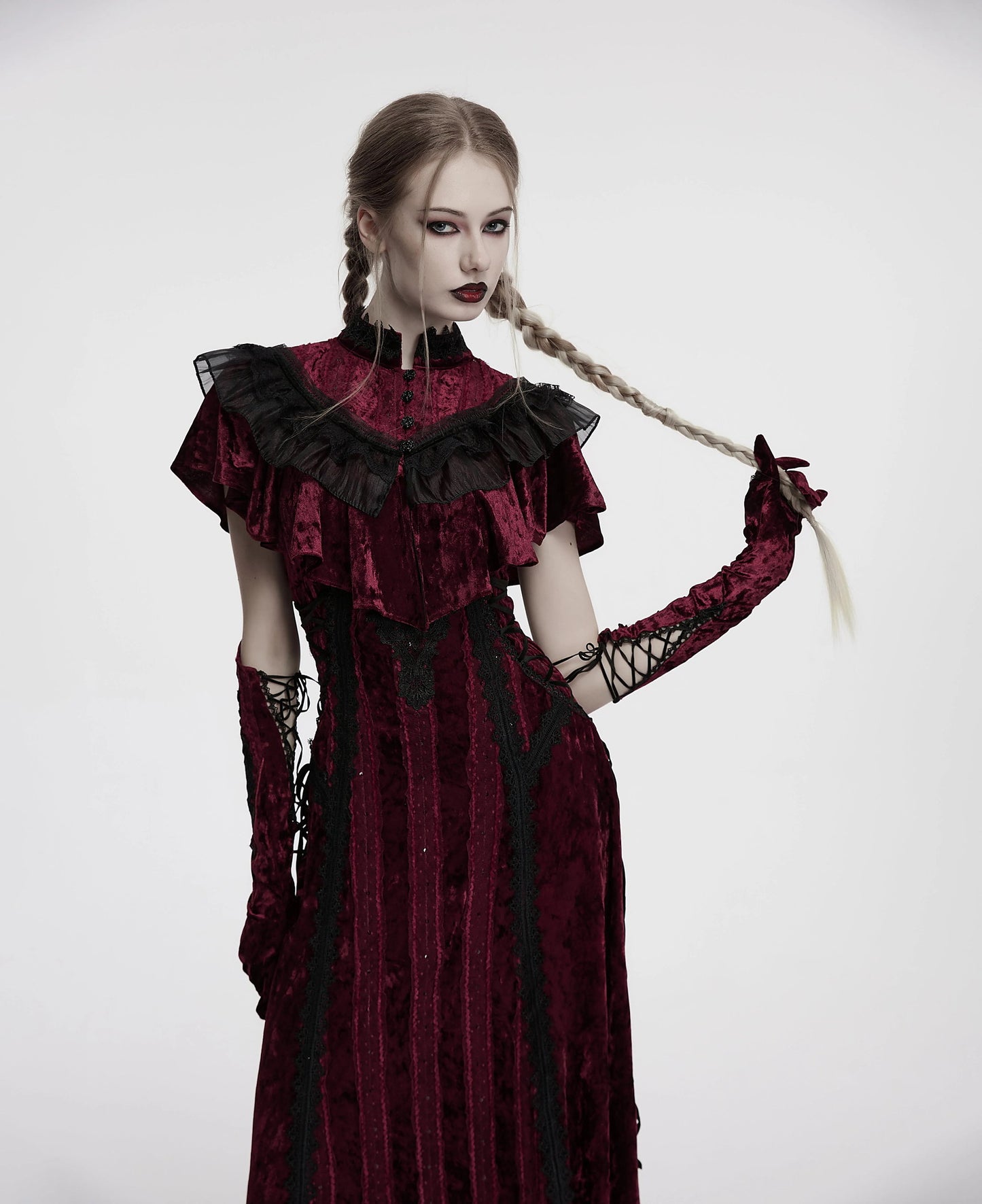 Punk Rave Gloves Selene Embroidered Velvet in Crimson UK 8-16 - QHA UK