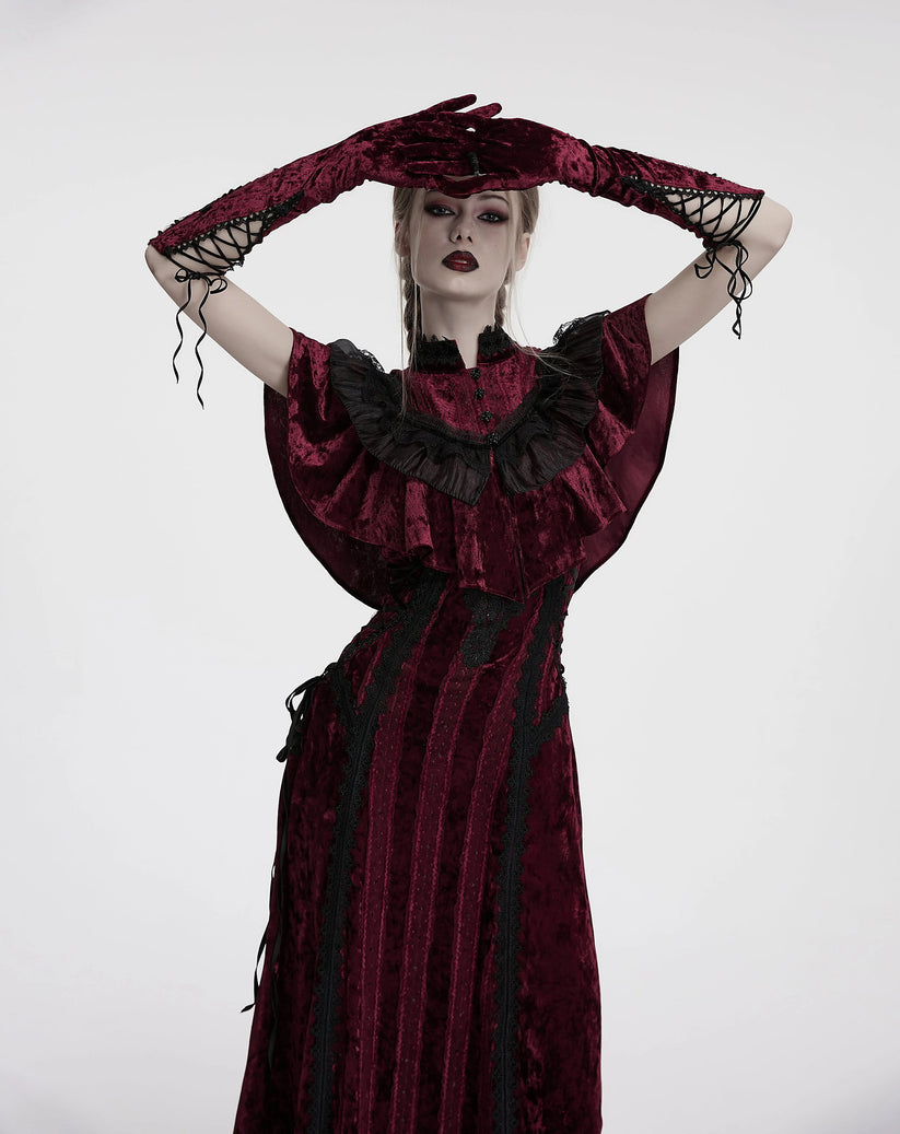 Punk Rave Gloves Selene Embroidered Velvet in Crimson UK 8-16 - QHA UK