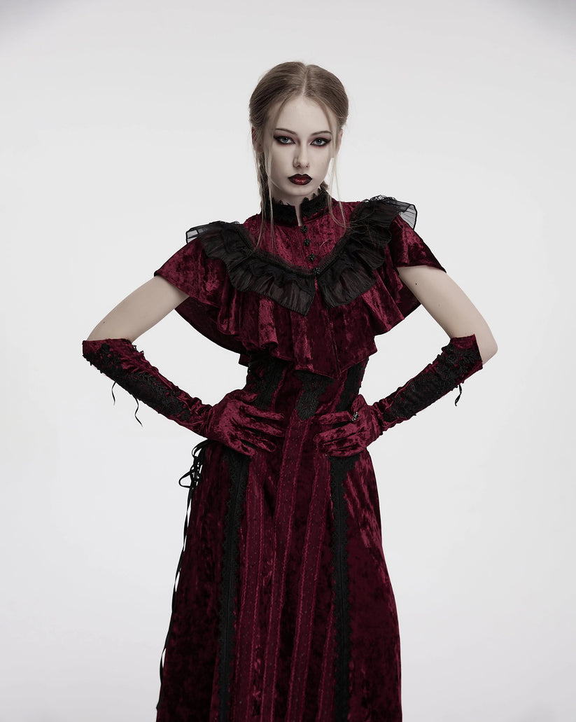 Punk Rave Gloves Selene Embroidered Velvet in Crimson UK 8-16 - QHA UK