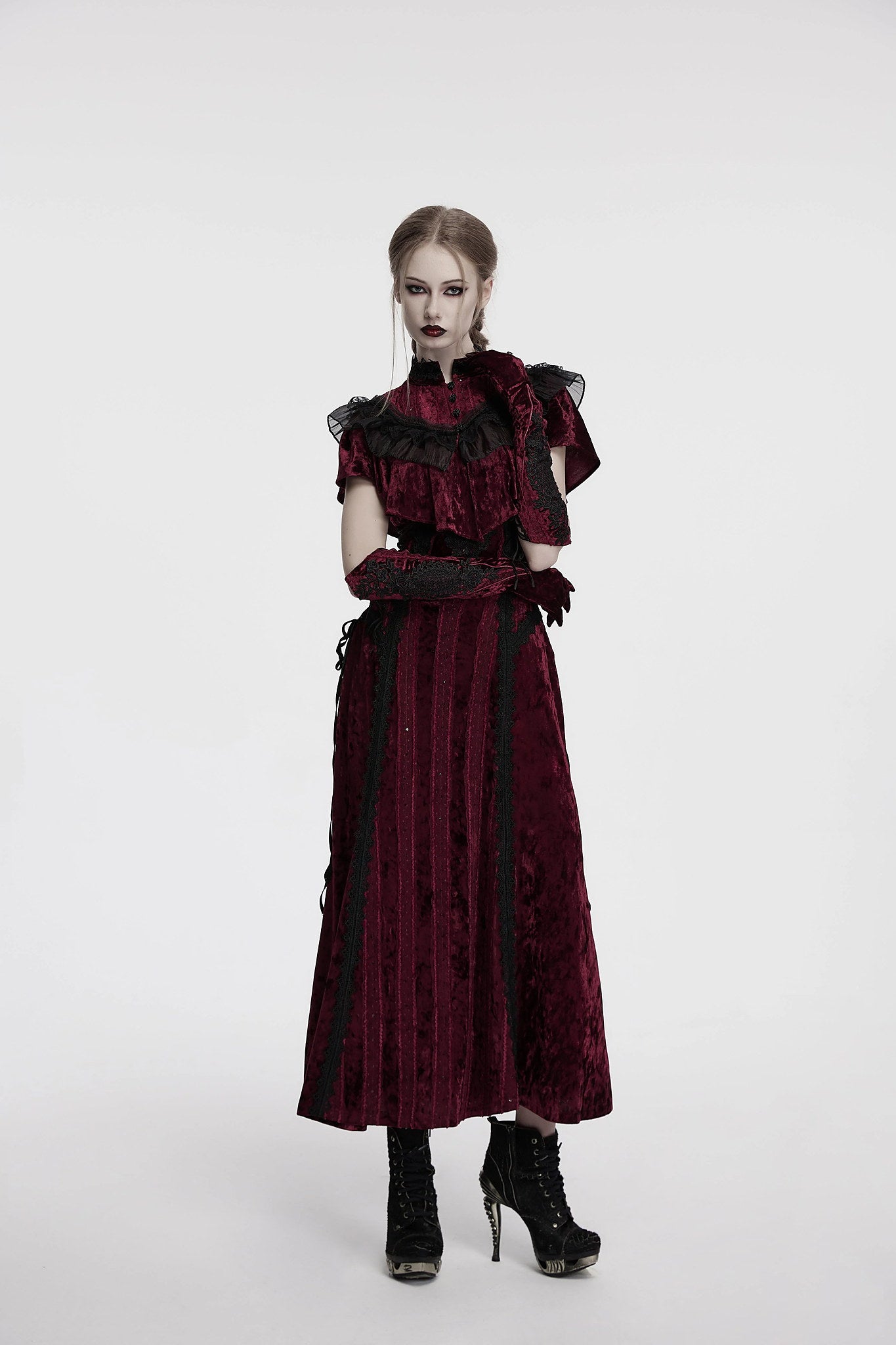 Punk Rave Gloves Selene Embroidered Velvet in Crimson UK 8-16 - QHA UK