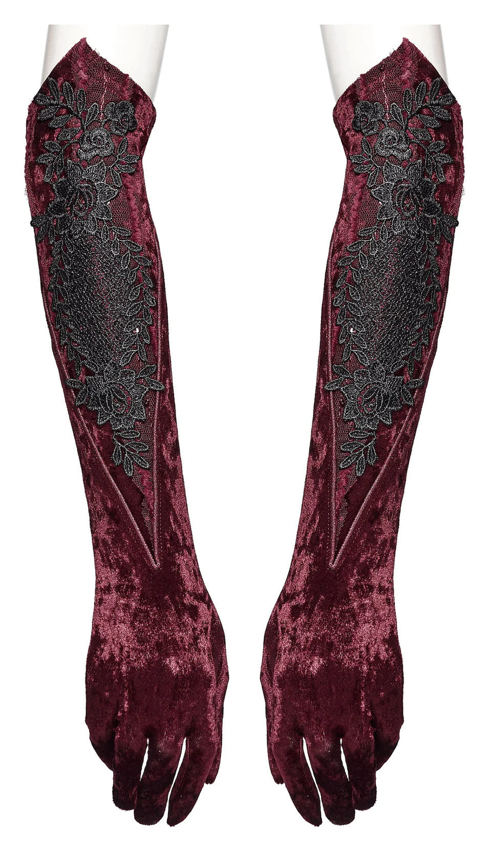 Punk Rave Gloves Selene Embroidered Velvet in Crimson UK 8-16 - QHA UK