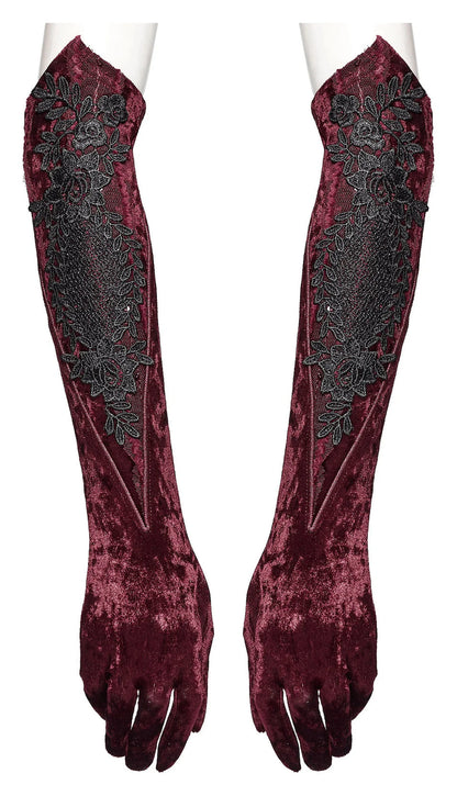 Punk Rave Gloves Selene Embroidered Velvet in Crimson UK 8-16 - QHA UK