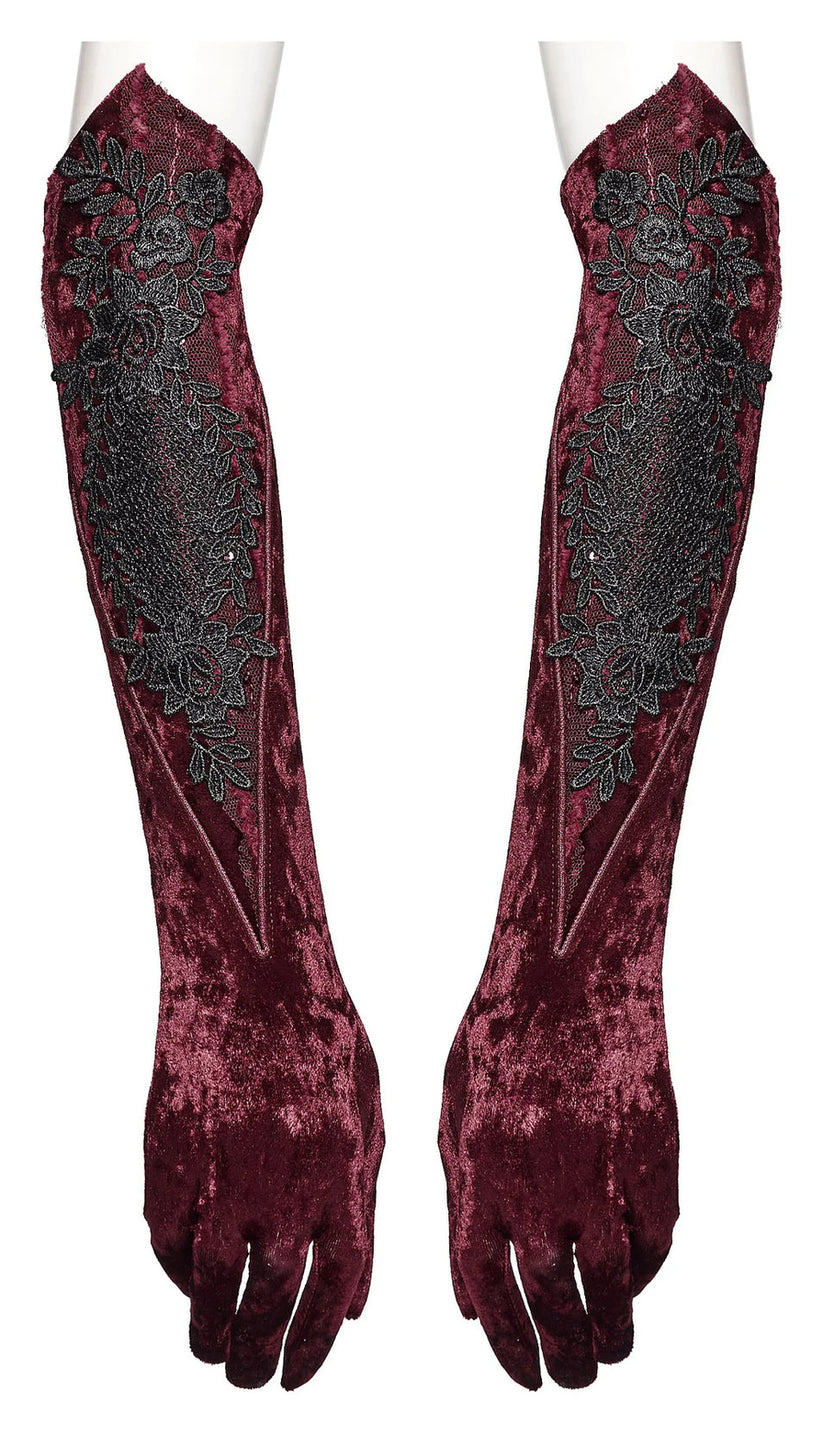 Punk Rave Gloves Selene Embroidered Velvet in Crimson UK 8-16 - QHA UK