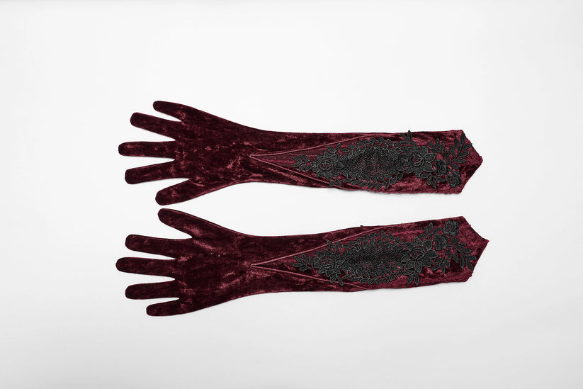 Punk Rave Gloves Selene Embroidered Velvet in Crimson UK 8-16 - QHA UK