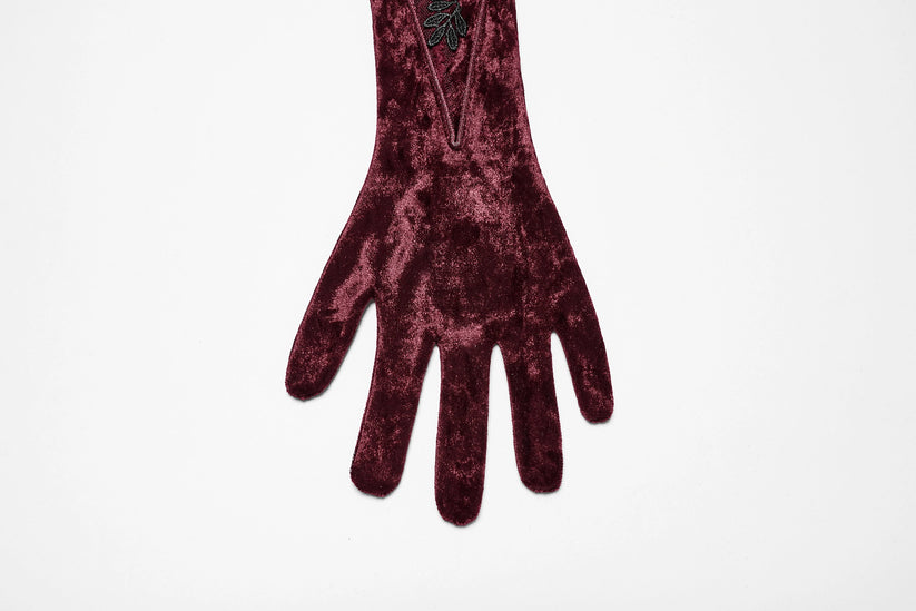 Punk Rave Gloves Selene Embroidered Velvet in Crimson UK 8-16 - QHA UK