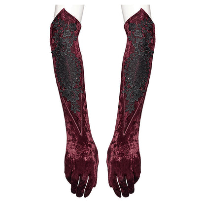 Punk Rave Gloves Selene Embroidered Velvet in Crimson UK 8-16 - QHA UK