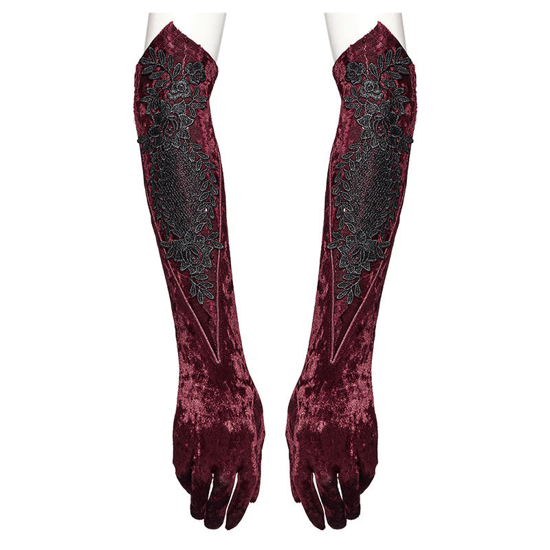 Punk Rave Gloves Selene Embroidered Velvet in Crimson UK 8-16 - QHA UK