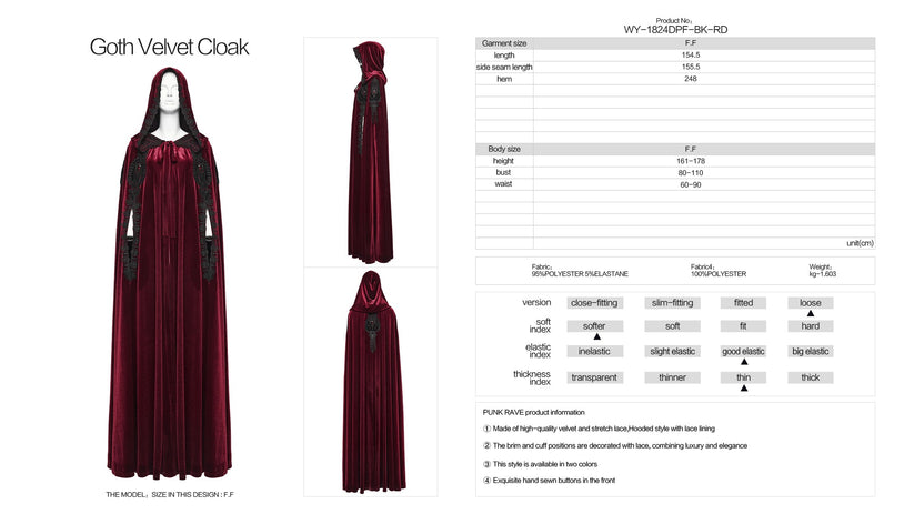 Punk Rave Gothic Cloak Seraphiel Velvet Blood Red - QHA UK
