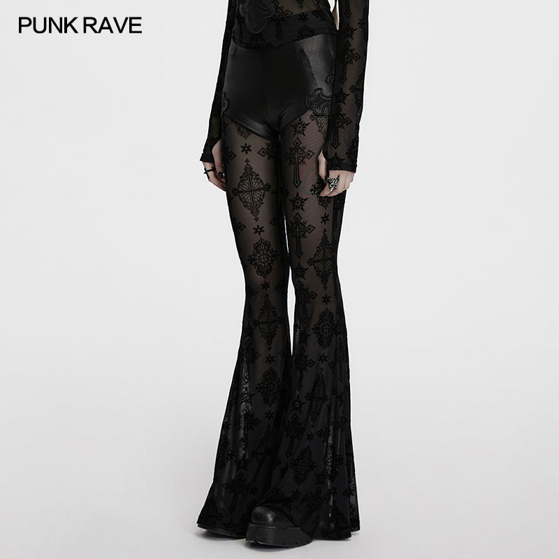 Punk Rave Women's Gothic Leggings Seraphina Lace Flares Cross Flocking - QHA UK