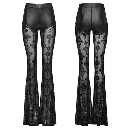 Punk Rave Women's Gothic Leggings Seraphina Lace Flares Cross Flocking - QHA UK