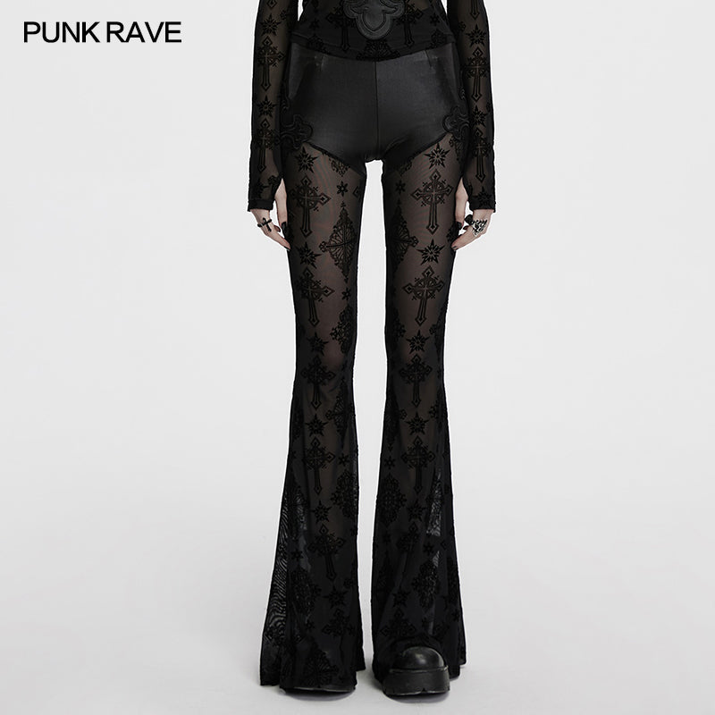 Punk Rave Women's Gothic Leggings Seraphina Lace Flares Cross Flocking - QHA UK