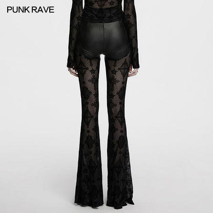 Punk Rave Women's Gothic Leggings Seraphina Lace Flares Cross Flocking - QHA UK