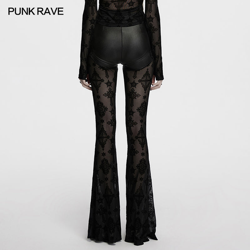 Punk Rave Women's Gothic Leggings Seraphina Lace Flares Cross Flocking - QHA UK