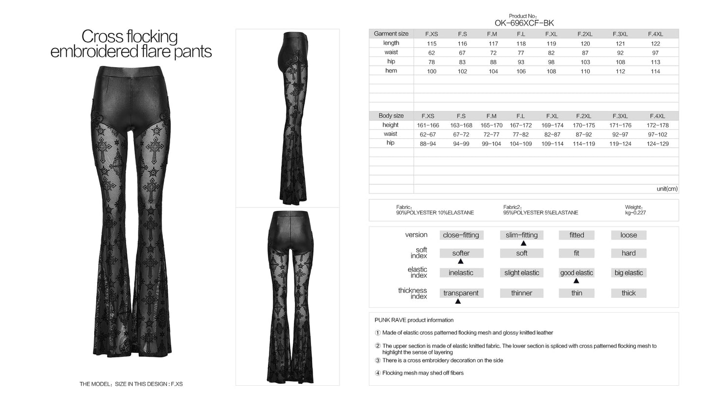 Punk Rave Women's Gothic Leggings Seraphina Lace Flares Cross Flocking - QHA UK