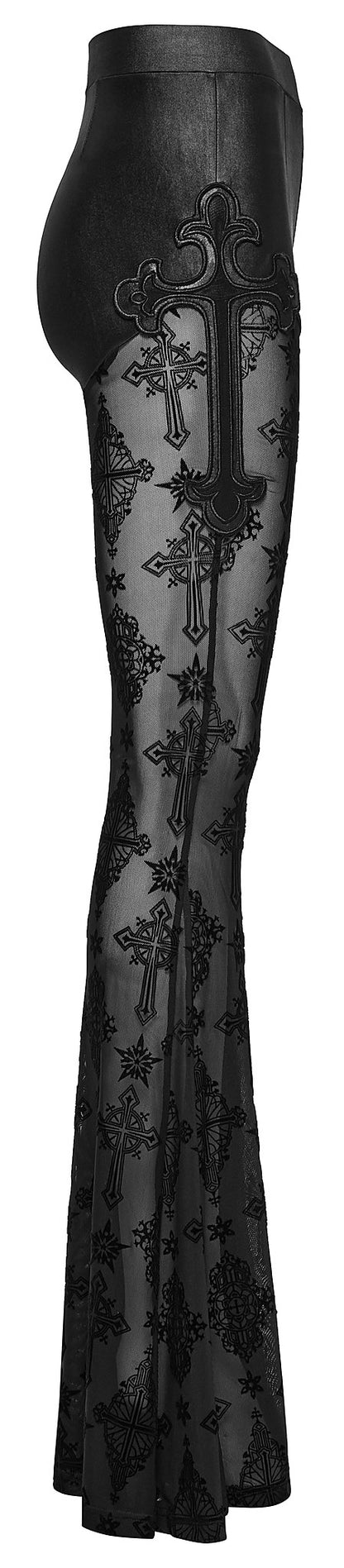 Punk Rave Women's Gothic Leggings Seraphina Lace Flares Cross Flocking - QHA UK