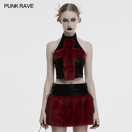 Punk Rave Women's Vest Top Valora Cross Fur Halter in Crimson UK 8-16 - QHA UK