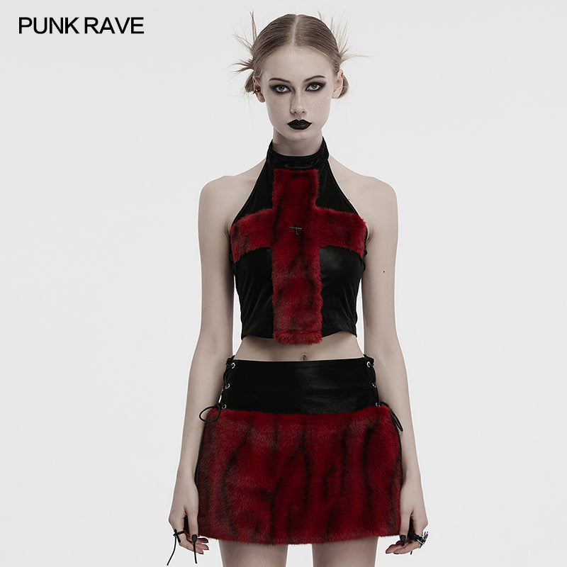 Punk Rave Women's Vest Top Valora Cross Fur Halter in Crimson UK 8-16 - QHA UK