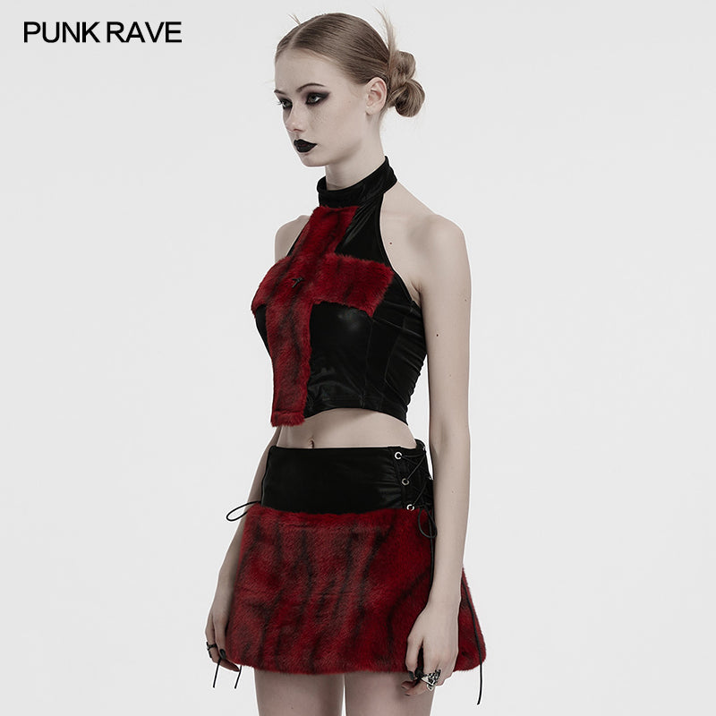Punk Rave Women's Vest Top Valora Cross Fur Halter in Crimson UK 8-16 - QHA UK