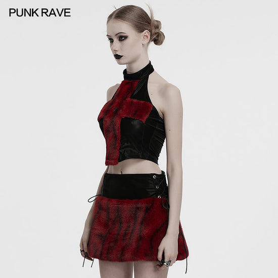 Punk Rave Women's Vest Top Valora Cross Fur Halter in Crimson UK 8-16 - QHA UK