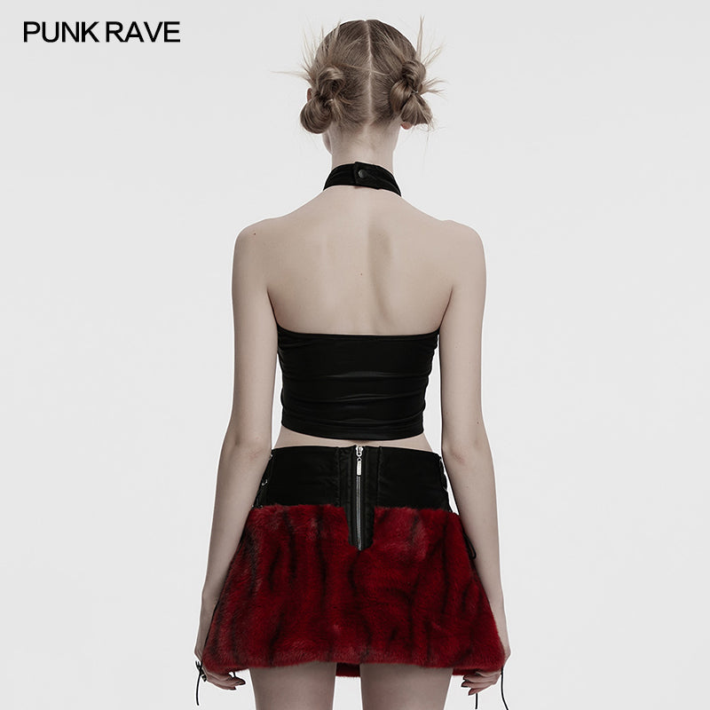 Punk Rave Women's Vest Top Valora Cross Fur Halter in Crimson UK 8-16 - QHA UK