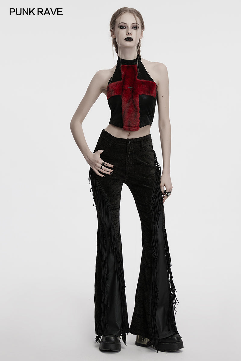 Punk Rave Women's Vest Top Valora Cross Fur Halter in Crimson UK 8-16 - QHA UK