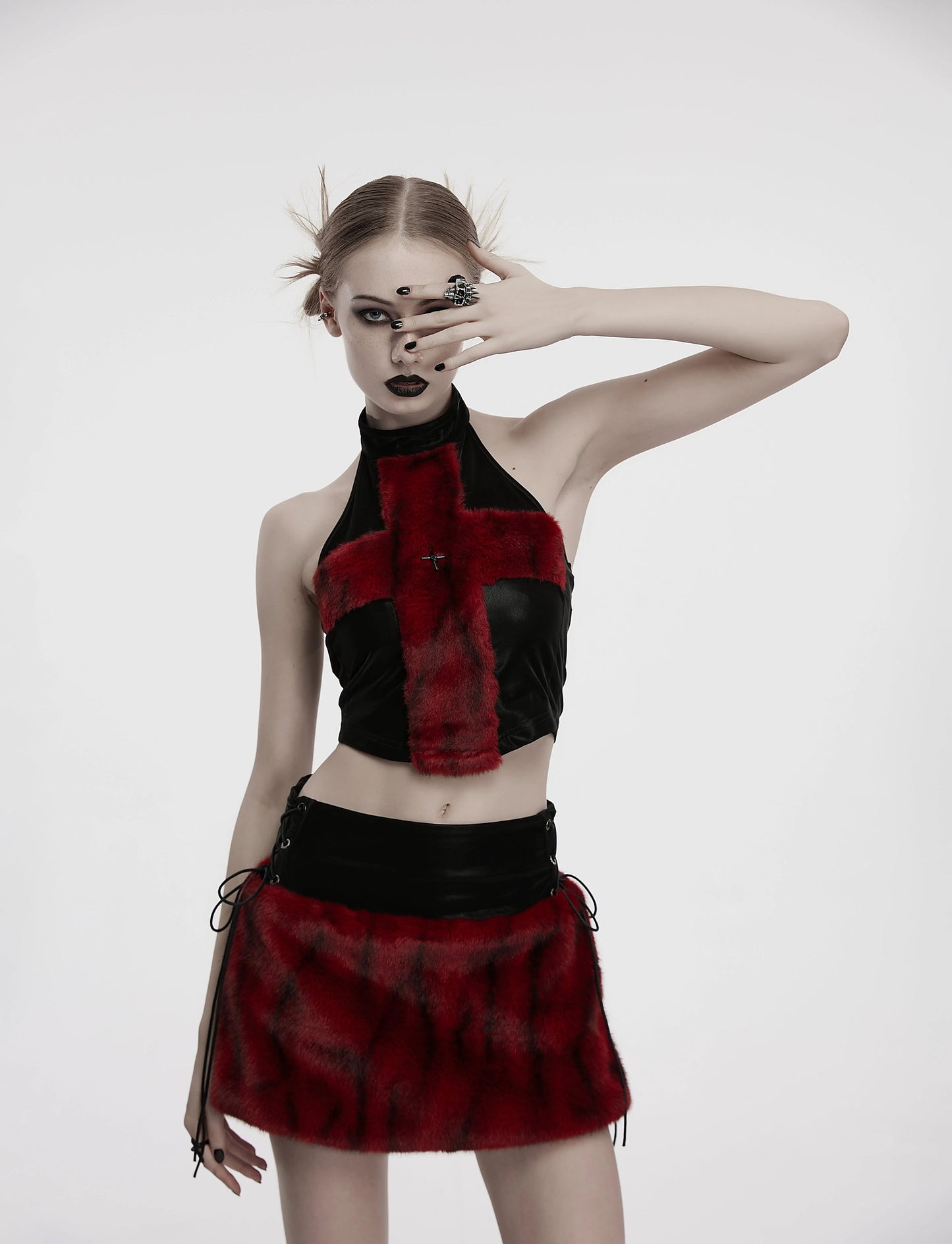 Punk Rave Women's Vest Top Valora Cross Fur Halter in Crimson UK 8-16 - QHA UK
