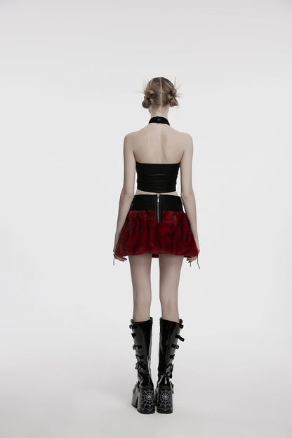 Punk Rave Women's Vest Top Valora Cross Fur Halter in Crimson UK 8-16 - QHA UK