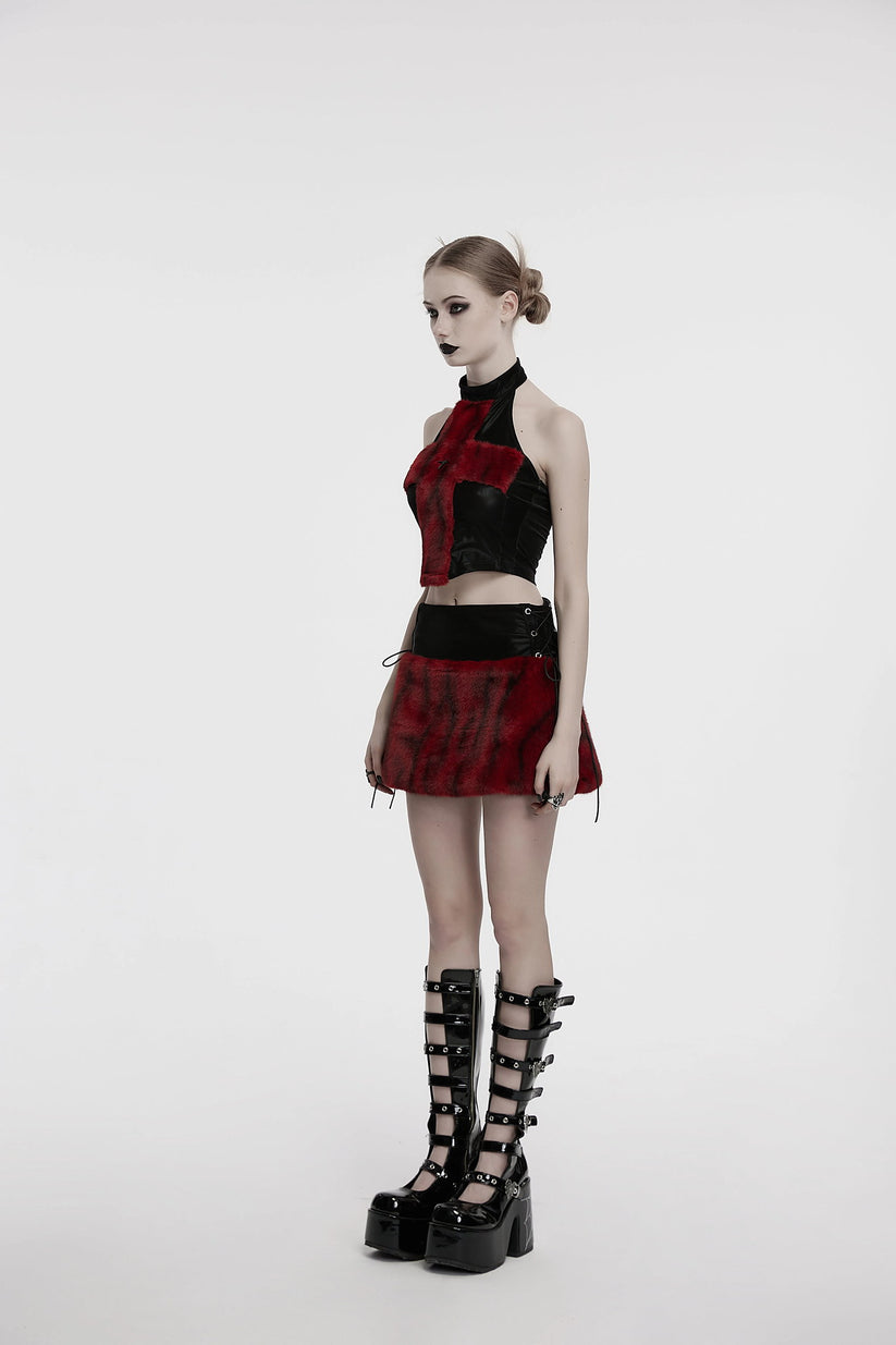 Punk Rave Women's Vest Top Valora Cross Fur Halter in Crimson UK 8-16 - QHA UK